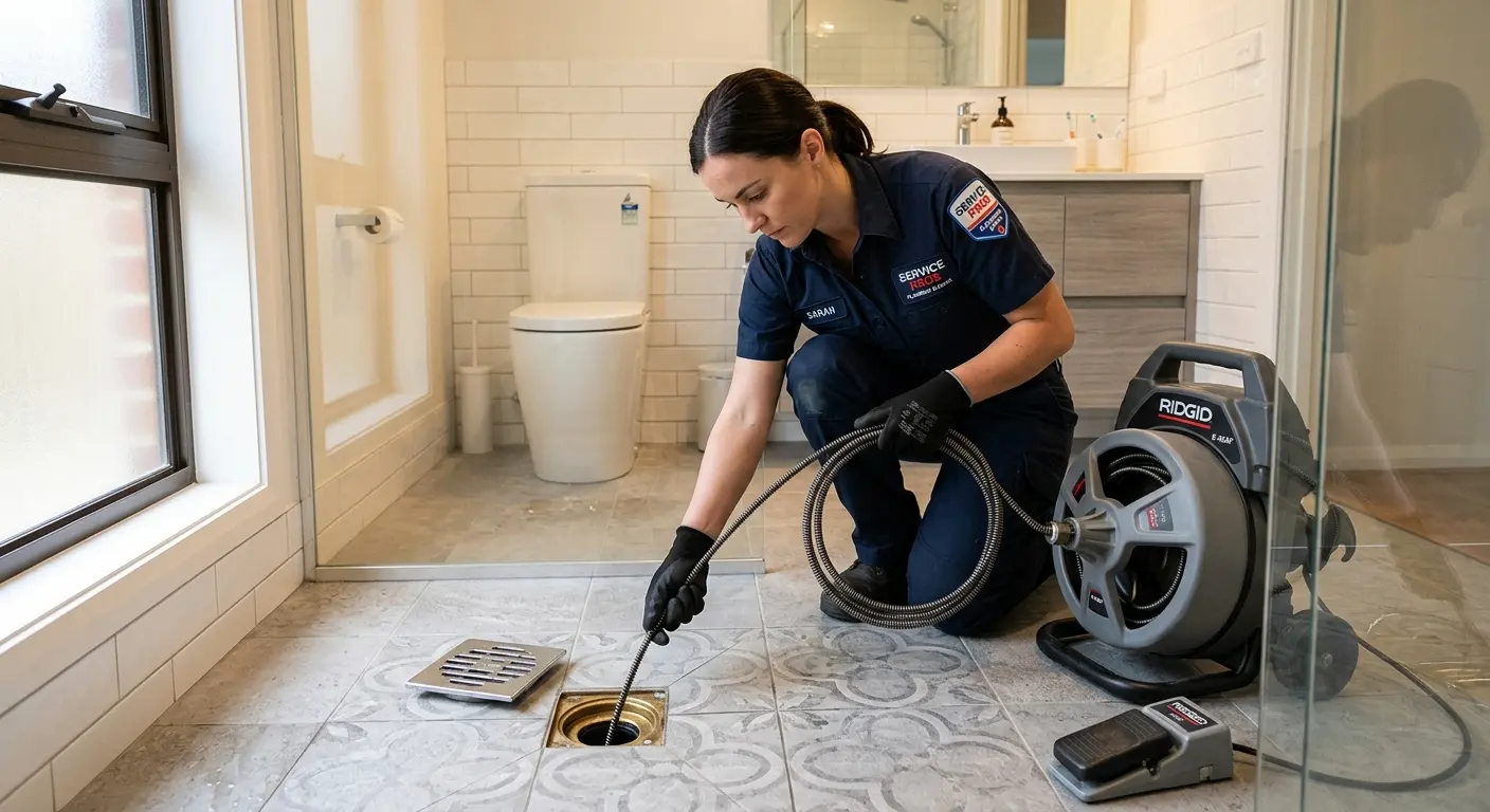 Technician clearing a bathroom floor drain for Drain Cleaning in Monticello